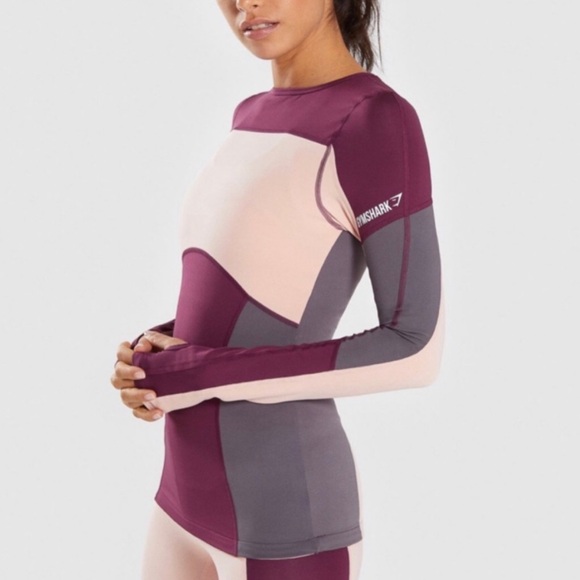 NWOT Gymshark Illusion Long Sleeve Top Dark Ruby/Blush Nude/Slate Lavender - Picture 1 of 9
